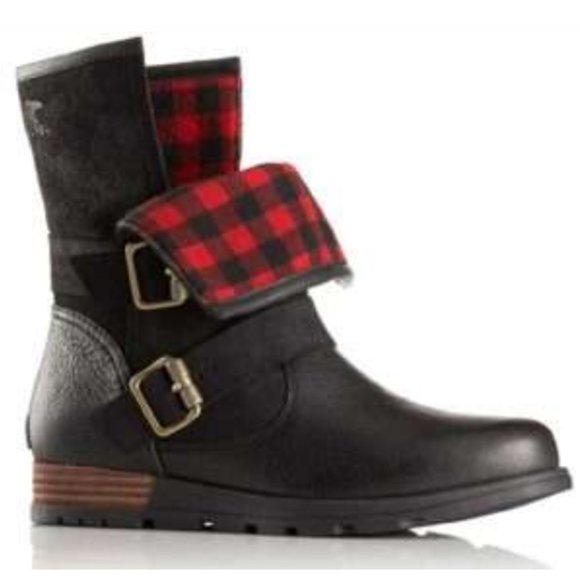 SorelMajor Moto Boot, Black, Buffalo Plaid Liner #NL2432-010 Sz. 7.5